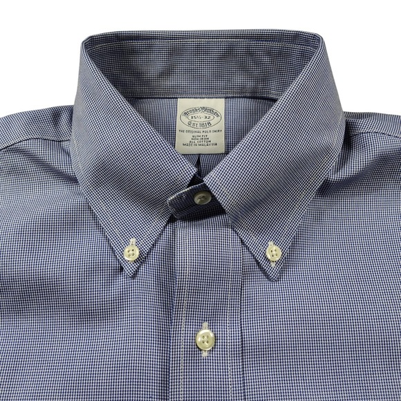 Brooks Brothers Mens Slim Fit Non-Iron Blue Houndstooth Dress Shirt 15.5 32